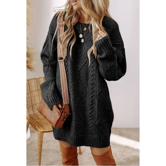 Cozy Black Cable Knit Sweater Dress - Picture 1 of 8